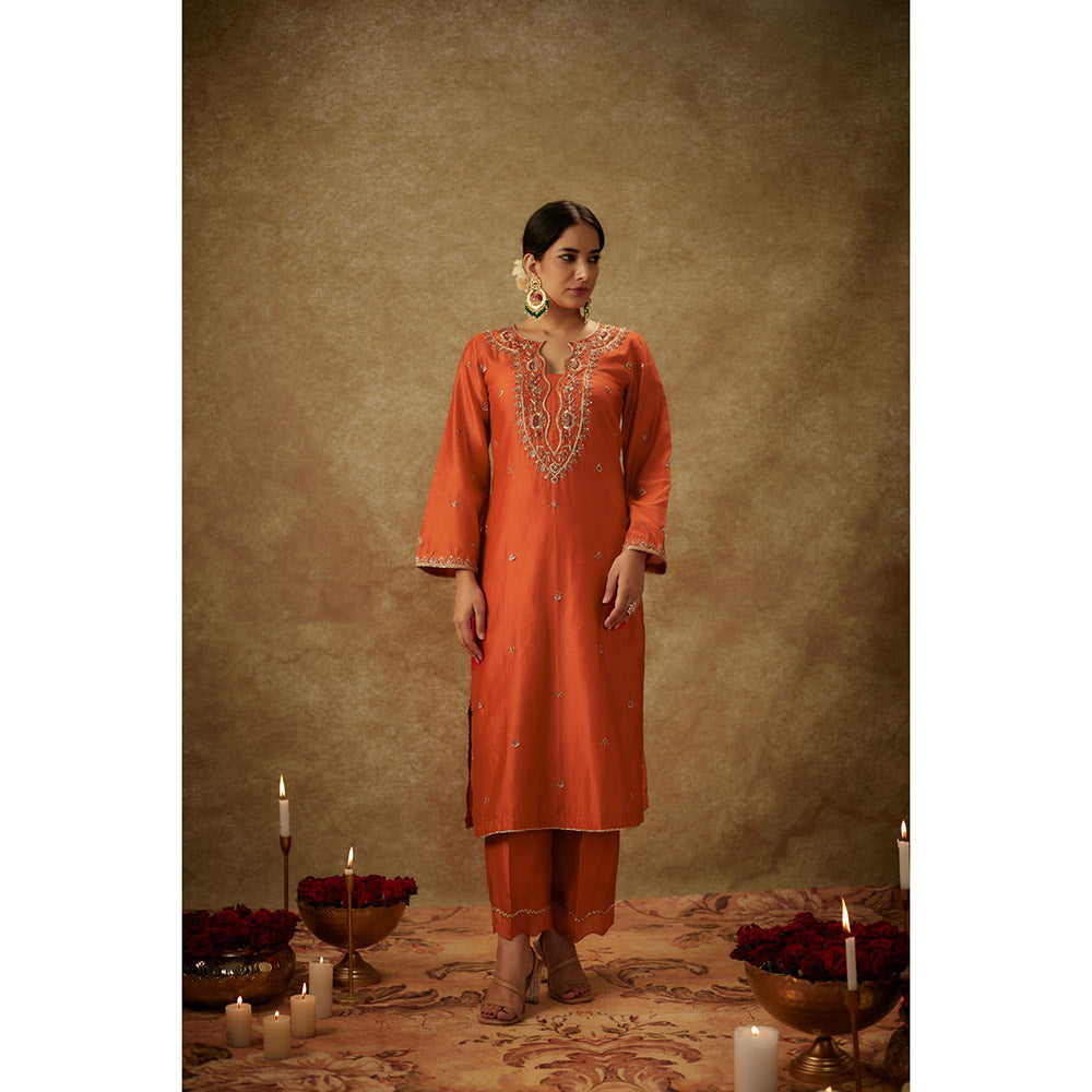 THE AARYA Gulyaz Orange Embroidered Kurta with Pant and Dupatta (Set of 3)