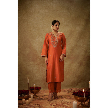THE AARYA Gulyaz Orange Embroidered Kurta with Pant and Dupatta (Set of 3)
