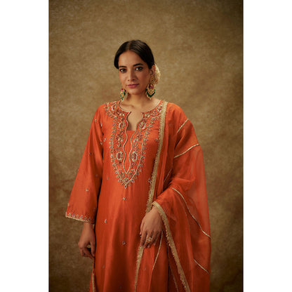 THE AARYA Gulyaz Orange Embroidered Kurta with Pant and Dupatta (Set of 3)