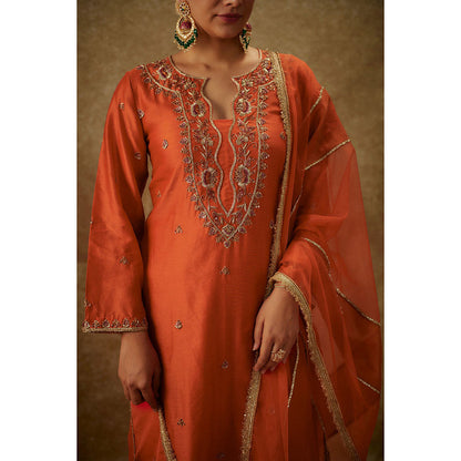 THE AARYA Gulyaz Orange Embroidered Kurta with Pant and Dupatta (Set of 3)