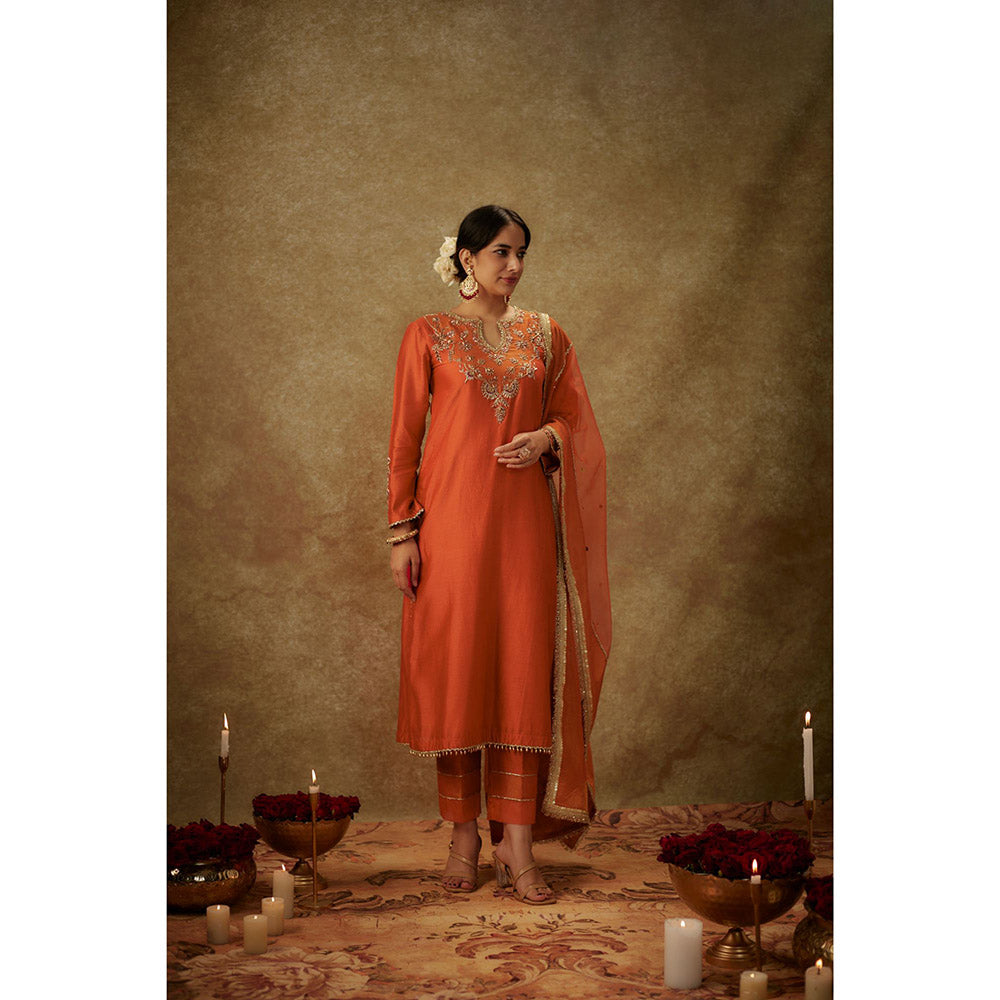 THE AARYA Seraya Orange Embroidered Kurta with Pant and Dupatta (Set of 3)
