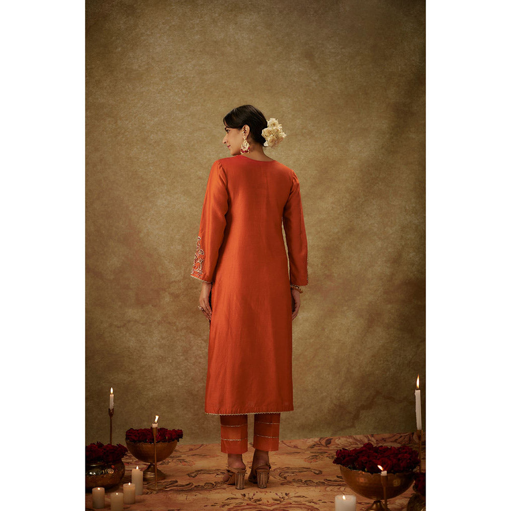 THE AARYA Seraya Orange Embroidered Kurta with Pant and Dupatta (Set of 3)
