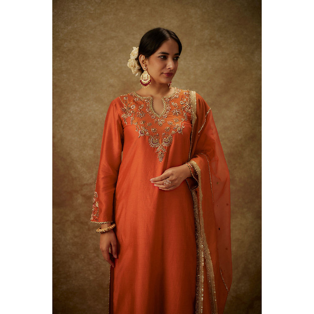 THE AARYA Seraya Orange Embroidered Kurta with Pant and Dupatta (Set of 3)