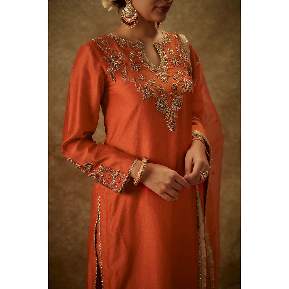 THE AARYA Seraya Orange Embroidered Kurta with Pant and Dupatta (Set of 3)