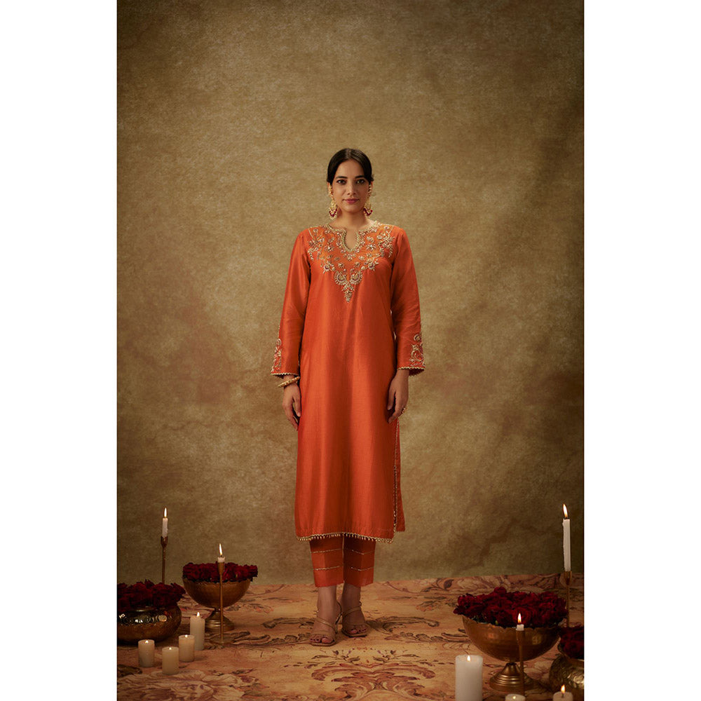THE AARYA Seraya Orange Embroidered Kurta with Pant and Dupatta (Set of 3)