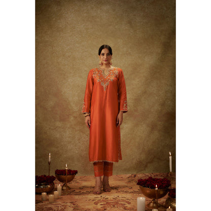 THE AARYA Seraya Orange Embroidered Kurta with Pant and Dupatta (Set of 3)