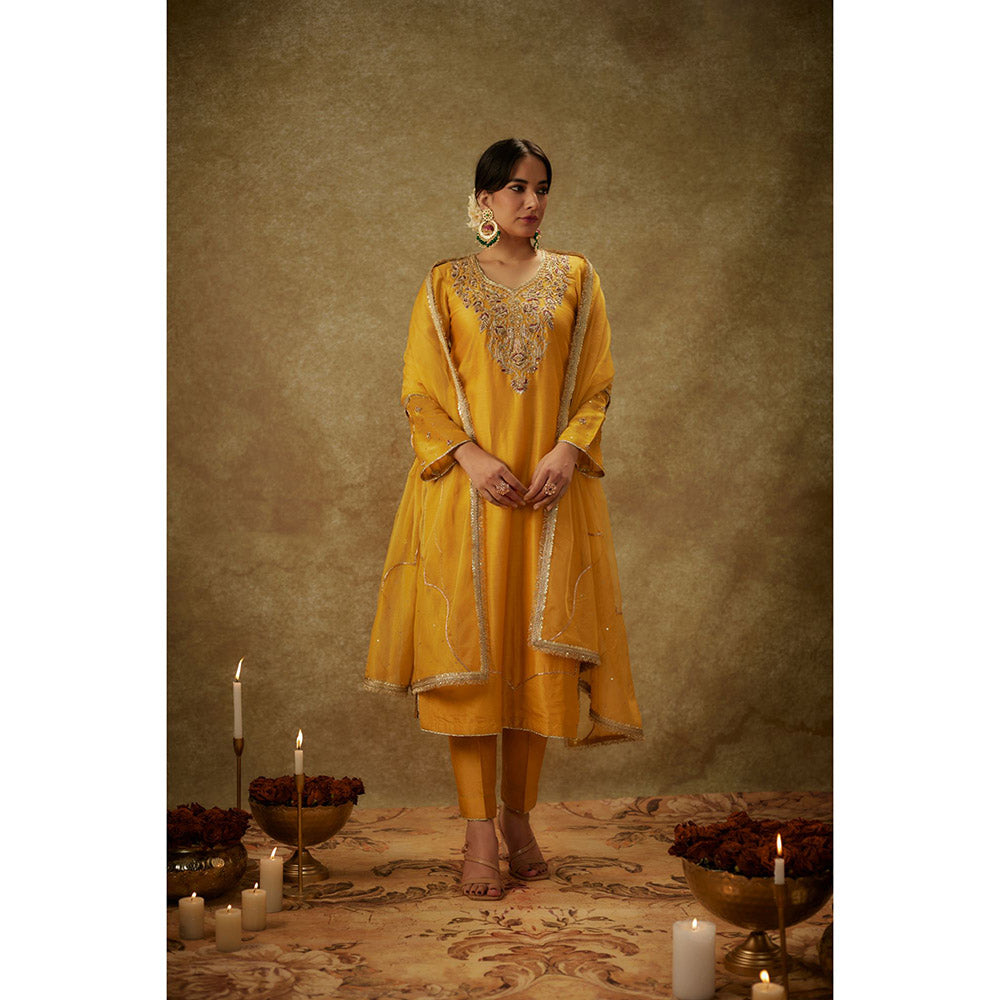 THE AARYA Noura Yellow Embroidered Kurta with Pant and Dupatta (Set of 3)