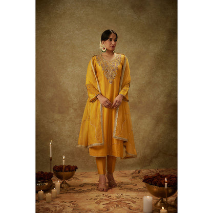 THE AARYA Noura Yellow Embroidered Kurta with Pant and Dupatta (Set of 3)