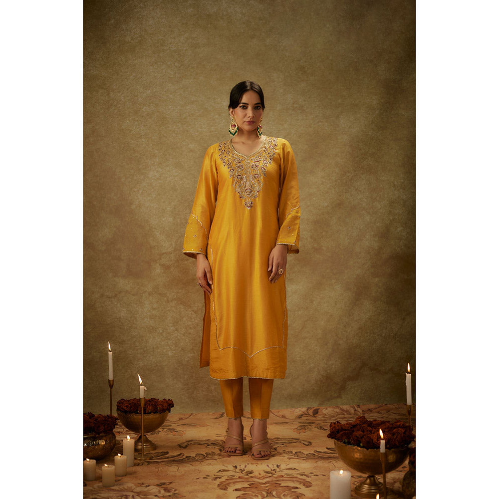 THE AARYA Noura Yellow Embroidered Kurta with Pant and Dupatta (Set of 3)