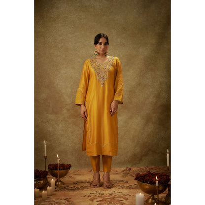 THE AARYA Noura Yellow Embroidered Kurta with Pant and Dupatta (Set of 3)