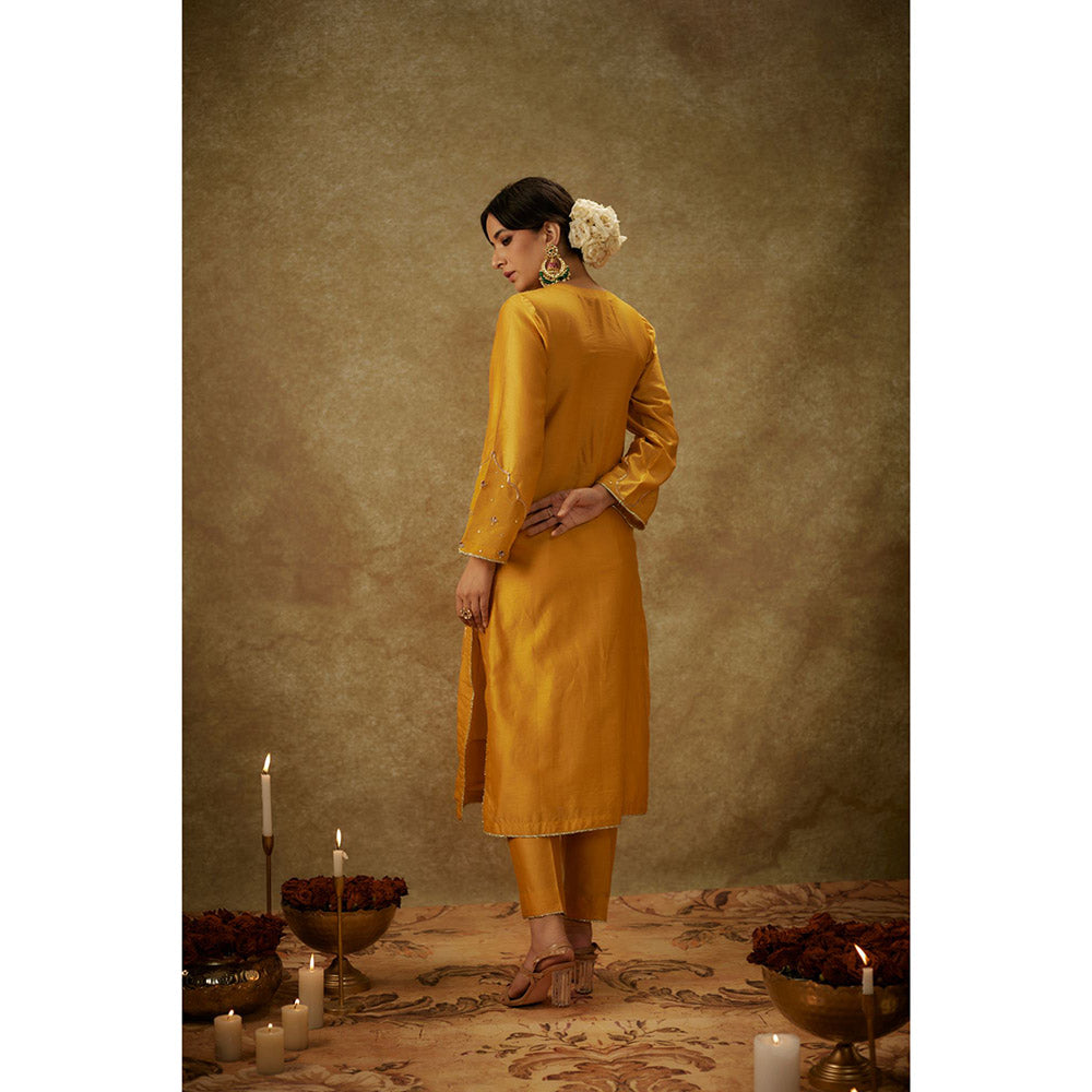 THE AARYA Noura Yellow Embroidered Kurta with Pant and Dupatta (Set of 3)
