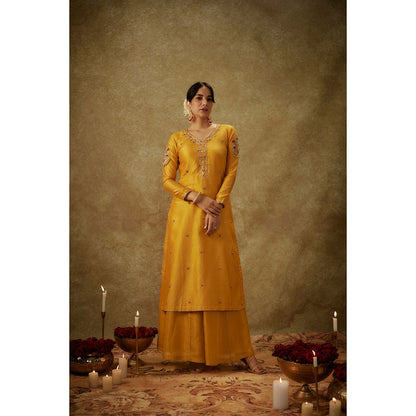 THE AARYA Dilara Yellow Embroidered Kurta with Palazzo and Dupatta (Set of 3)