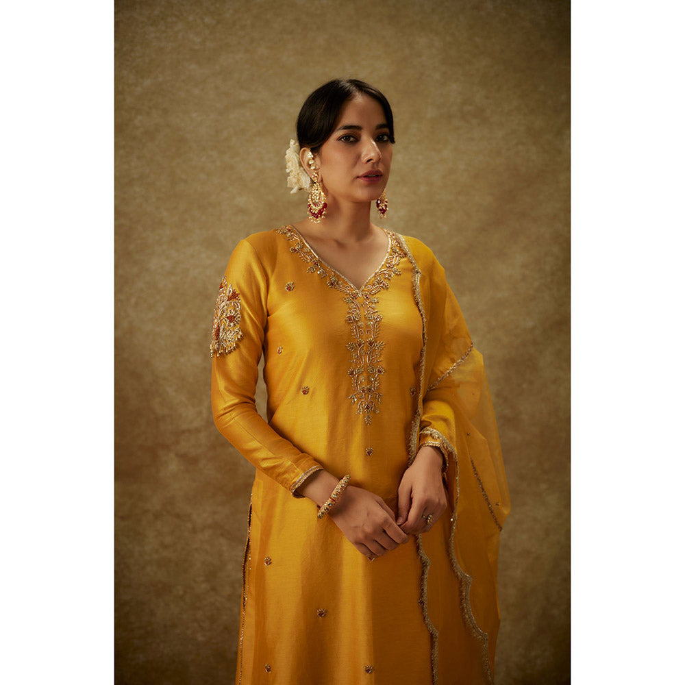 THE AARYA Dilara Yellow Embroidered Kurta with Palazzo and Dupatta (Set of 3)