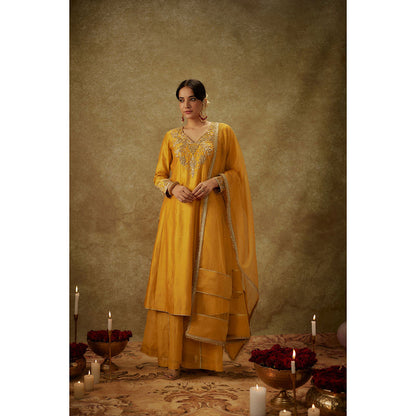 THE AARYA Ayah Yellow Embroidered Anarkali Kurta with Palazzo and Dupatta (Set of 3)