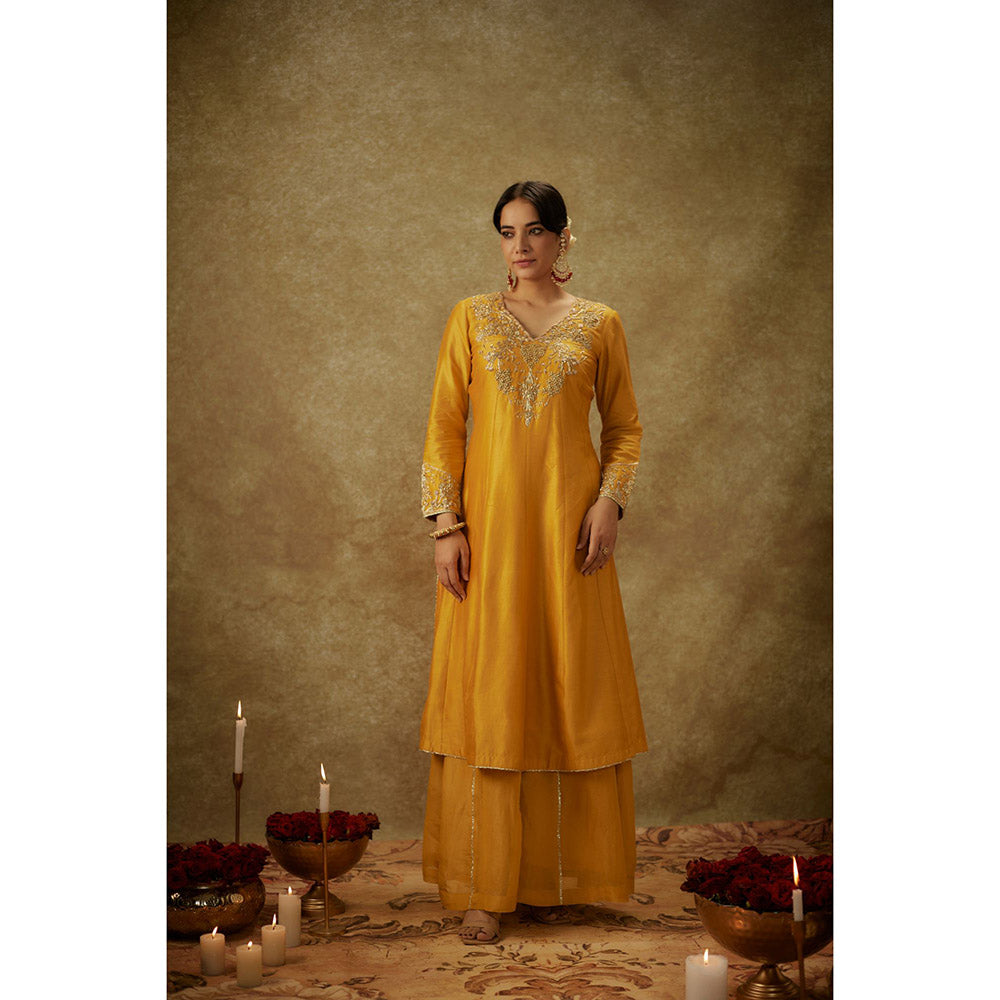 THE AARYA Ayah Yellow Embroidered Anarkali Kurta with Palazzo and Dupatta (Set of 3)
