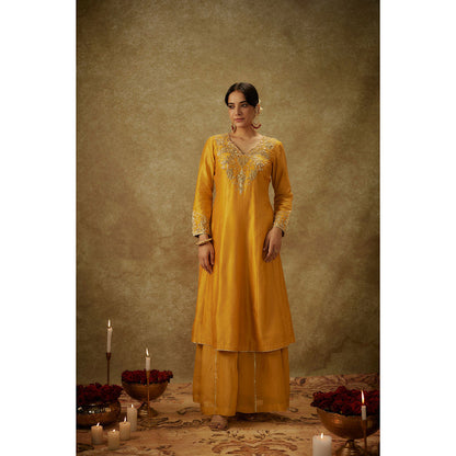 THE AARYA Ayah Yellow Embroidered Anarkali Kurta with Palazzo and Dupatta (Set of 3)