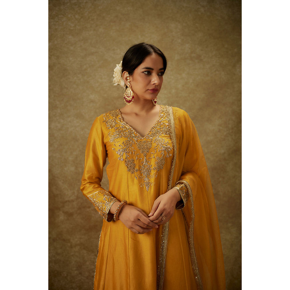 THE AARYA Ayah Yellow Embroidered Anarkali Kurta with Palazzo and Dupatta (Set of 3)