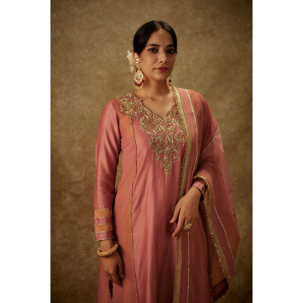THE AARYA Raisa Pink Embroidered Kurta with Pant and Dupatta (Set of 3)