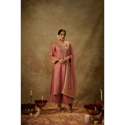 THE AARYA Rea Pink Embroidered Kurta with Palazzo and Dupatta (Set of 3)