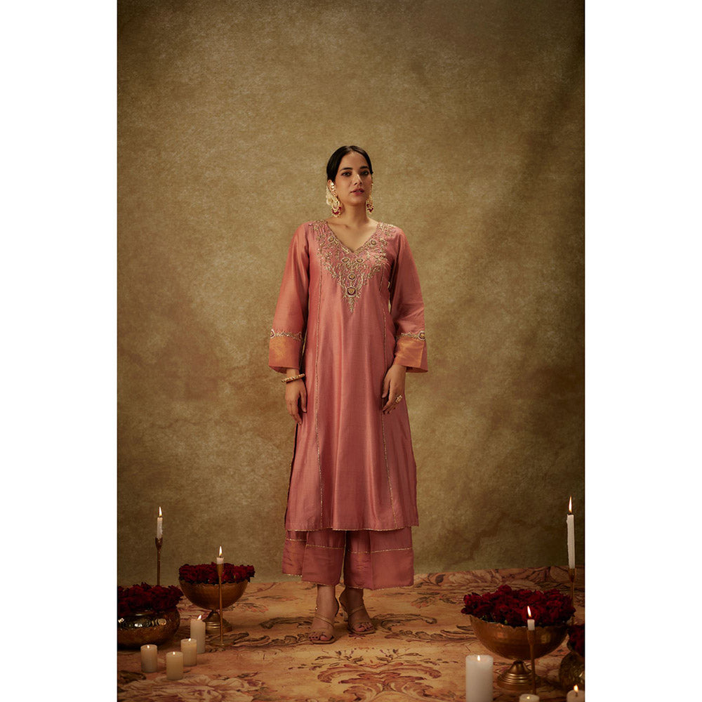 THE AARYA Rea Pink Embroidered Kurta with Palazzo and Dupatta (Set of 3)