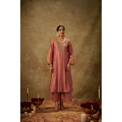 THE AARYA Rea Pink Embroidered Kurta with Palazzo and Dupatta (Set of 3)