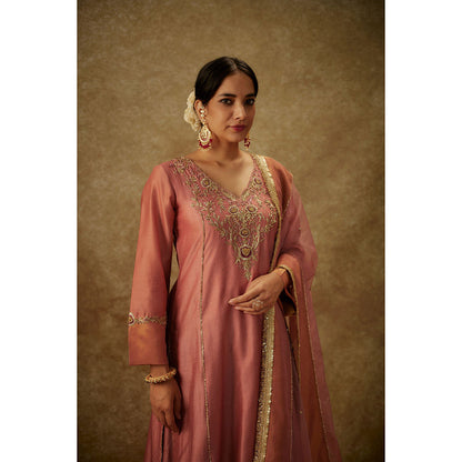 THE AARYA Rea Pink Embroidered Kurta with Palazzo and Dupatta (Set of 3)