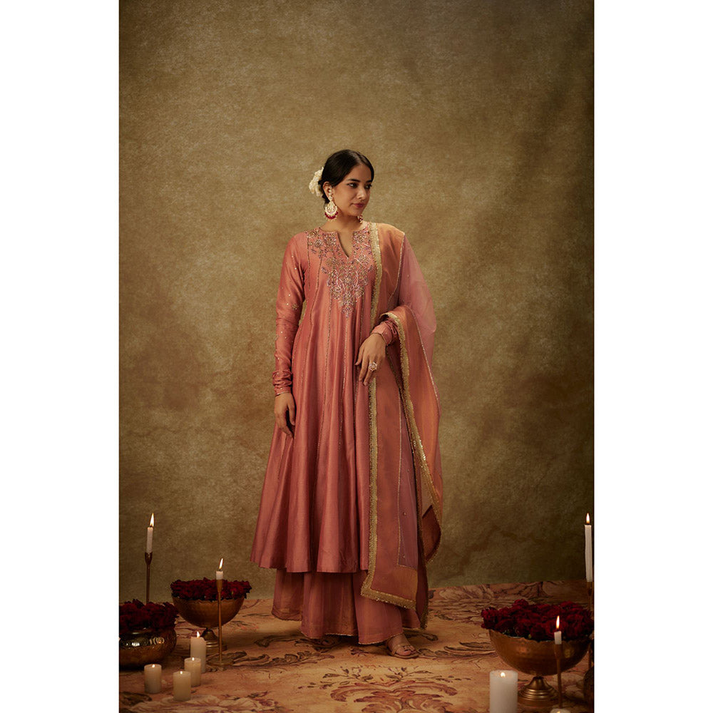 THE AARYA Ara Pink Embroidered Anarkali Kurta with Palazzo and Dupatta (Set of 3)