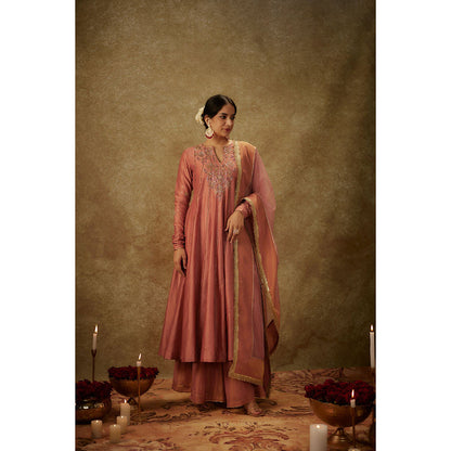 THE AARYA Ara Pink Embroidered Anarkali Kurta with Palazzo and Dupatta (Set of 3)