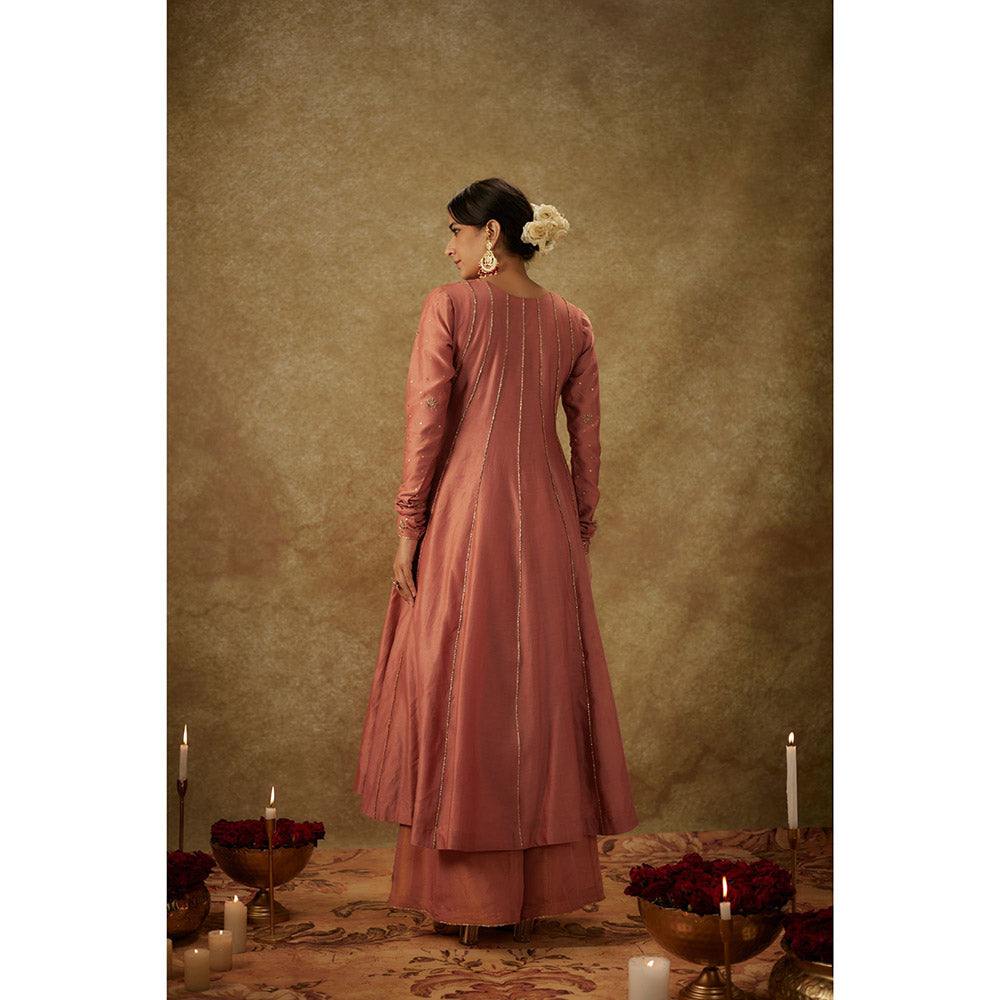 THE AARYA Ara Pink Embroidered Anarkali Kurta with Palazzo and Dupatta (Set of 3)