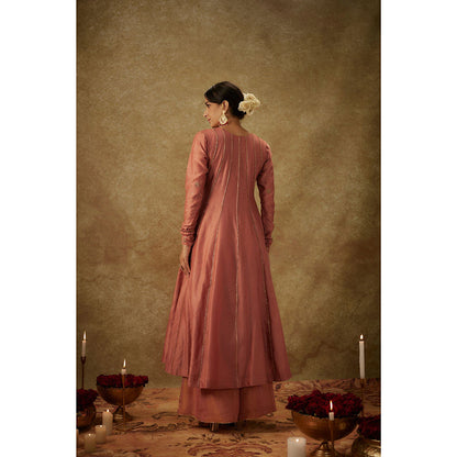 THE AARYA Ara Pink Embroidered Anarkali Kurta with Palazzo and Dupatta (Set of 3)