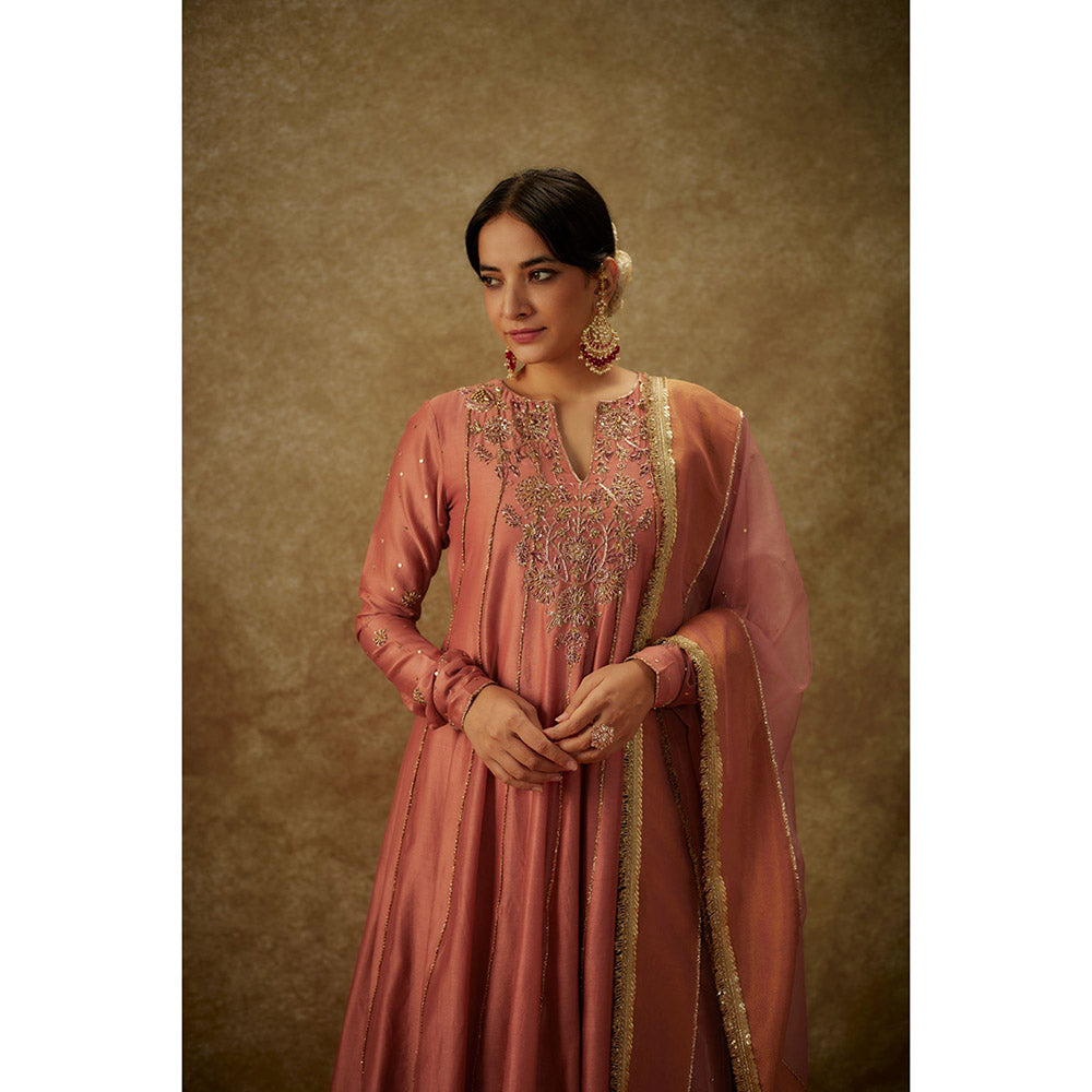 THE AARYA Ara Pink Embroidered Anarkali Kurta with Palazzo and Dupatta (Set of 3)