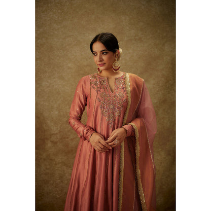 THE AARYA Ara Pink Embroidered Anarkali Kurta with Palazzo and Dupatta (Set of 3)