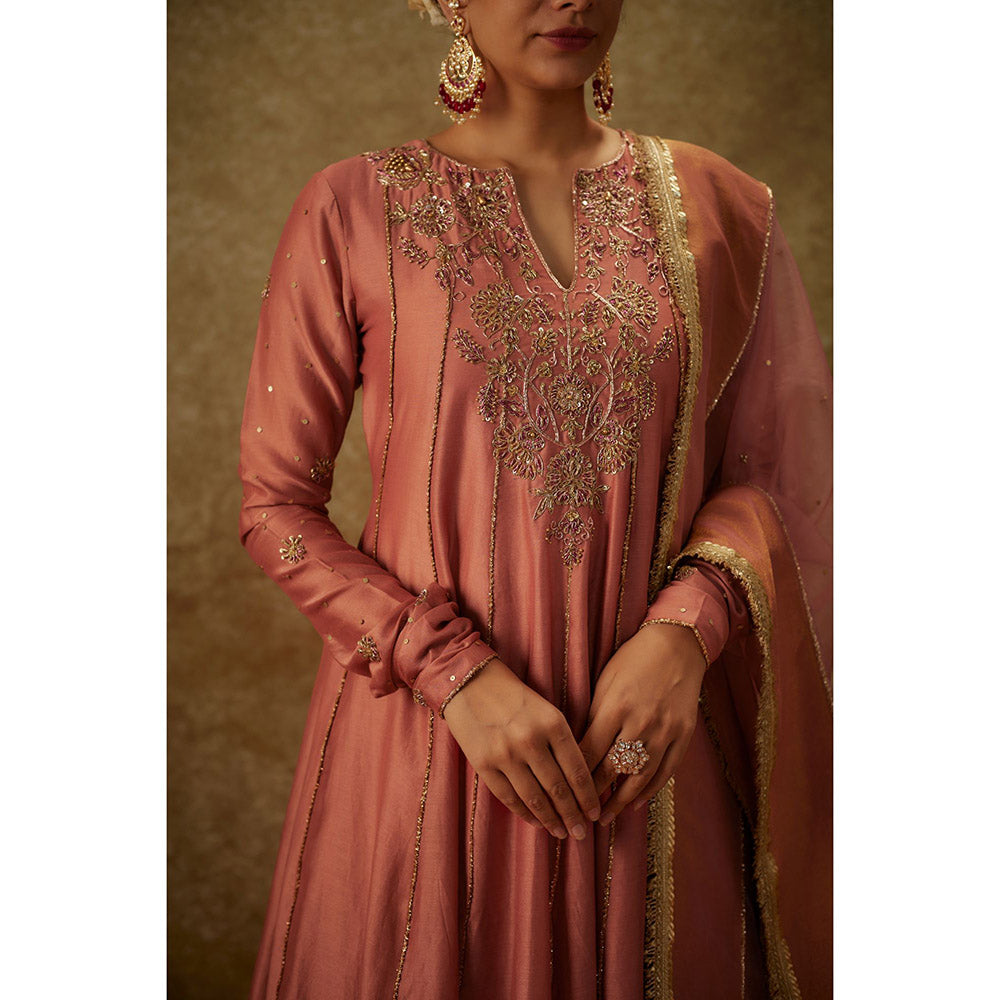 THE AARYA Ara Pink Embroidered Anarkali Kurta with Palazzo and Dupatta (Set of 3)