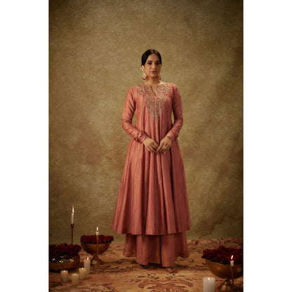 THE AARYA Ara Pink Embroidered Anarkali Kurta with Palazzo and Dupatta (Set of 3)