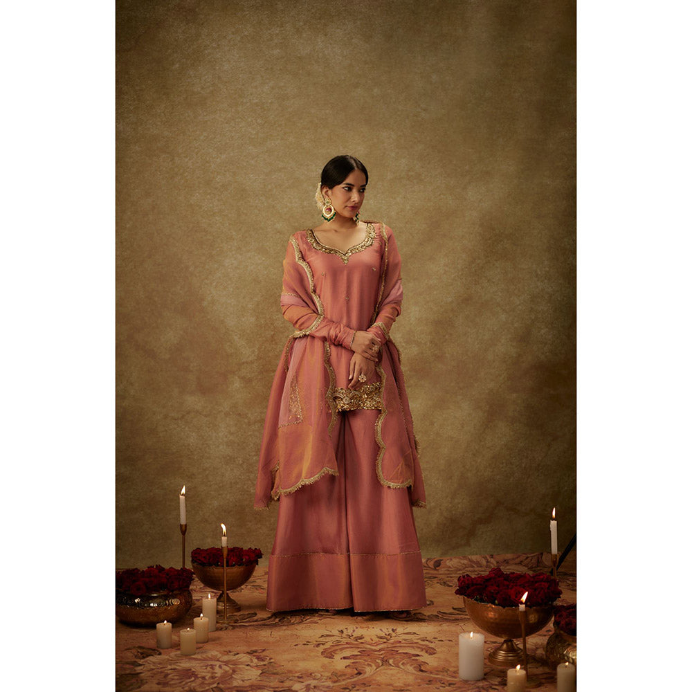 THE AARYA Erva Pink Embroidered Kurti with Palazzo and Dupatta (Set of 3)