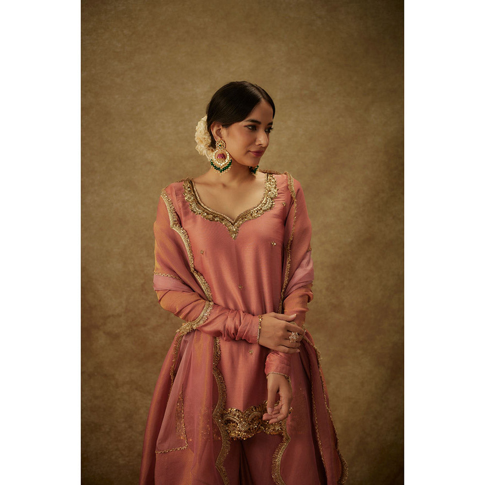 THE AARYA Erva Pink Embroidered Kurti with Palazzo and Dupatta (Set of 3)