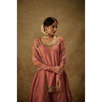 THE AARYA Erva Pink Embroidered Kurti with Palazzo and Dupatta (Set of 3)