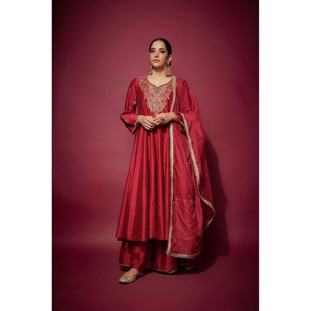 THE AARYA Red Athira Embellished Anarkali with Palazzo and Dupatta (Set of 3)