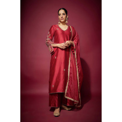 THE AARYA Red Arwa Embellished Kurta with Palazzo and Dupatta (Set of 3)