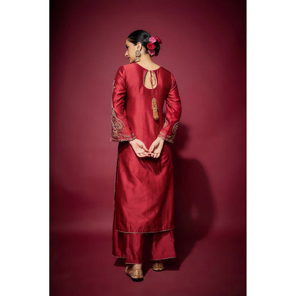 THE AARYA Red Arwa Embellished Kurta with Palazzo and Dupatta (Set of 3)