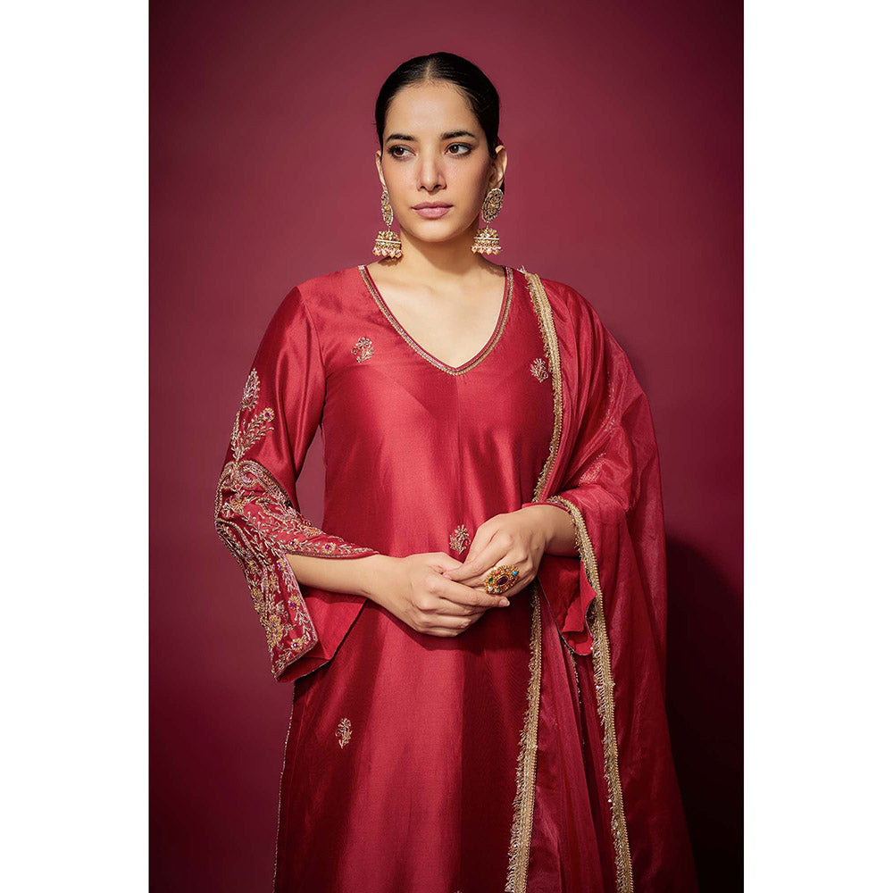 THE AARYA Red Arwa Embellished Kurta with Palazzo and Dupatta (Set of 3)