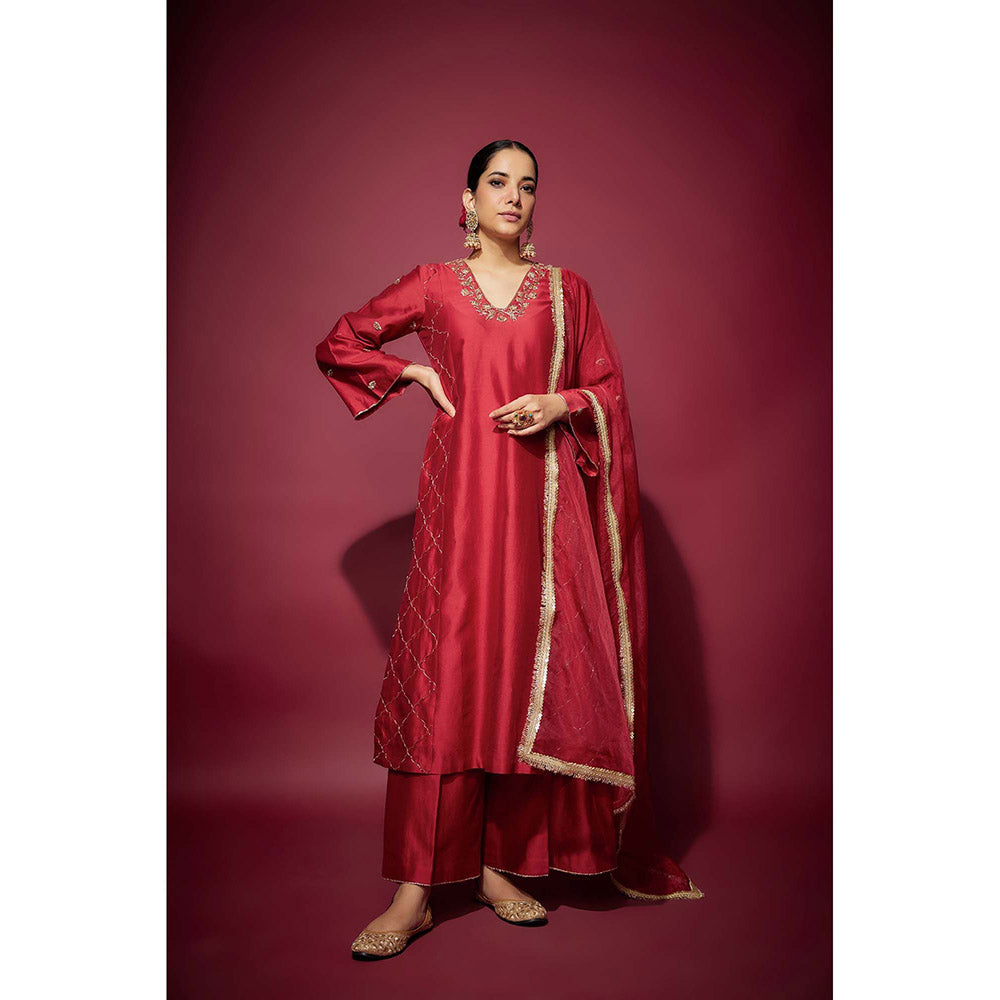 THE AARYA Red Rayah Embellished A-Line Kurta with Palazzo and Dupatta (Set of 3)