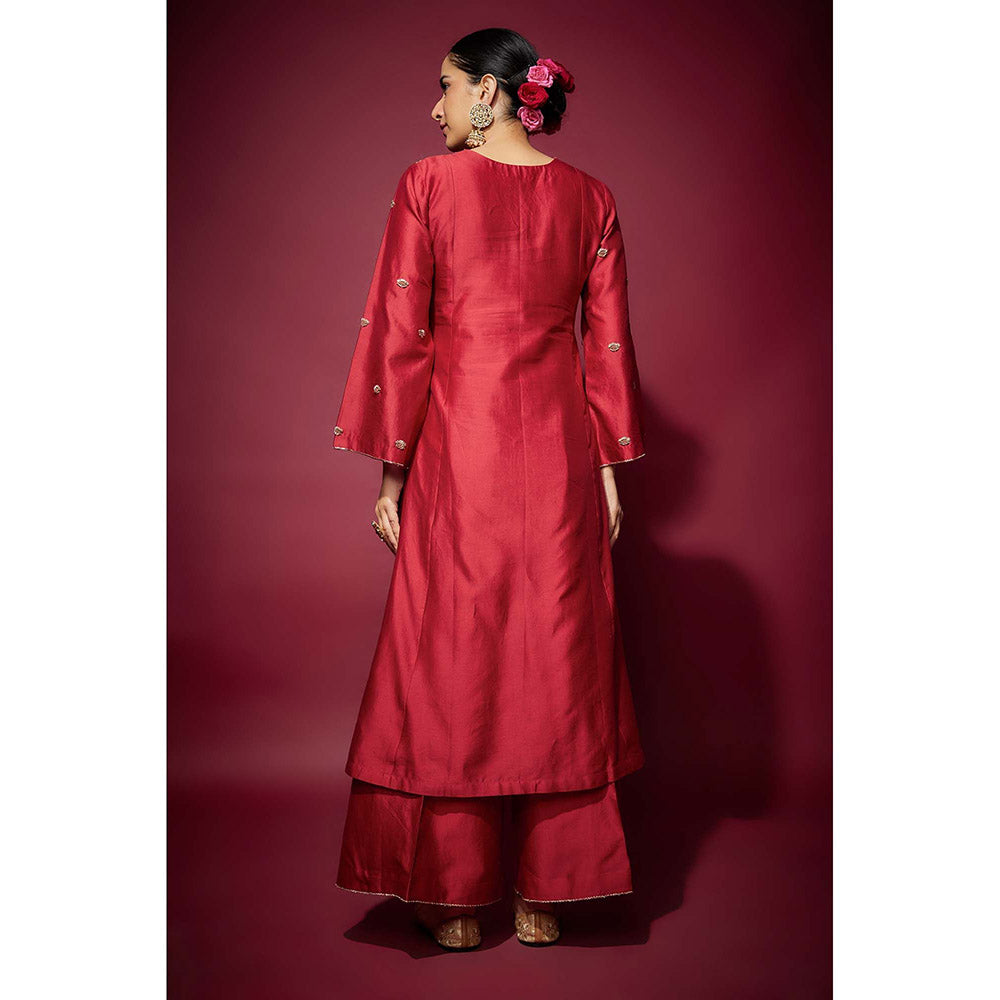 THE AARYA Red Rayah Embellished A-Line Kurta with Palazzo and Dupatta (Set of 3)