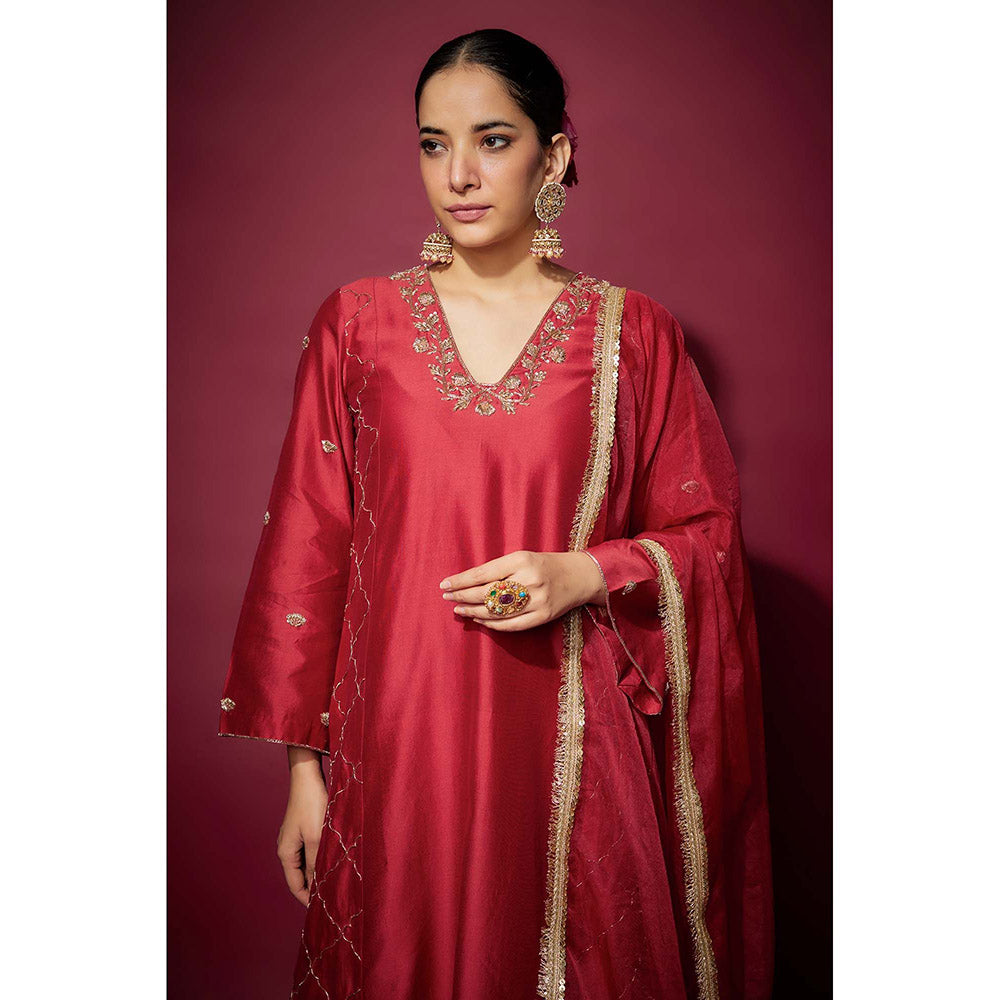 THE AARYA Red Rayah Embellished A-Line Kurta with Palazzo and Dupatta (Set of 3)