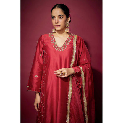 THE AARYA Red Rayah Embellished A-Line Kurta with Palazzo and Dupatta (Set of 3)