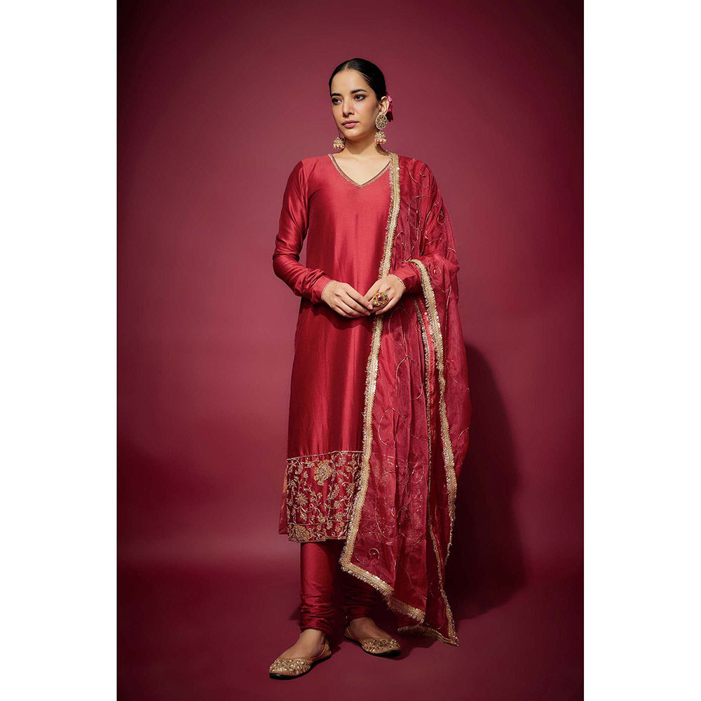 THE AARYA Red Ayat Embellished Kurta with Churidar and Dupatta (Set of 3)