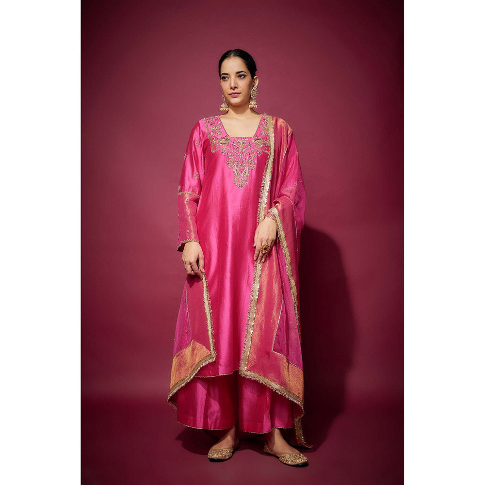 THE AARYA Pink Kiara Embellished Kurta with Palazzo and Dupatta (Set of 3)