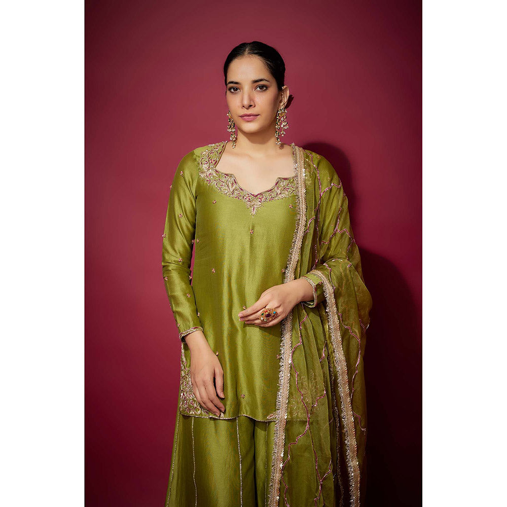 THE AARYA Green Layan Embellished Kurta with Palazzo and Dupatta (Set of 3)