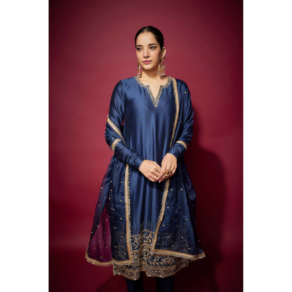 THE AARYA Navy Blue Adena Embellished Kurta with Churidar and Dupatta (Set of 3)
