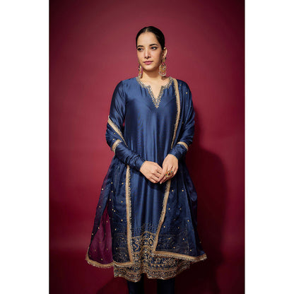 THE AARYA Navy Blue Adena Embellished Kurta with Churidar and Dupatta (Set of 3)